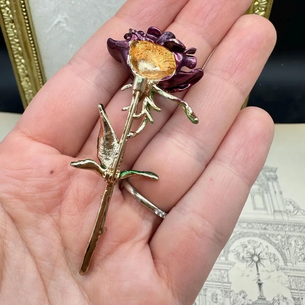 Purple Single Stem Rose Flower Brooch Lapel Royalty Enchantment Enchanted Era - Picture 5 of 5
